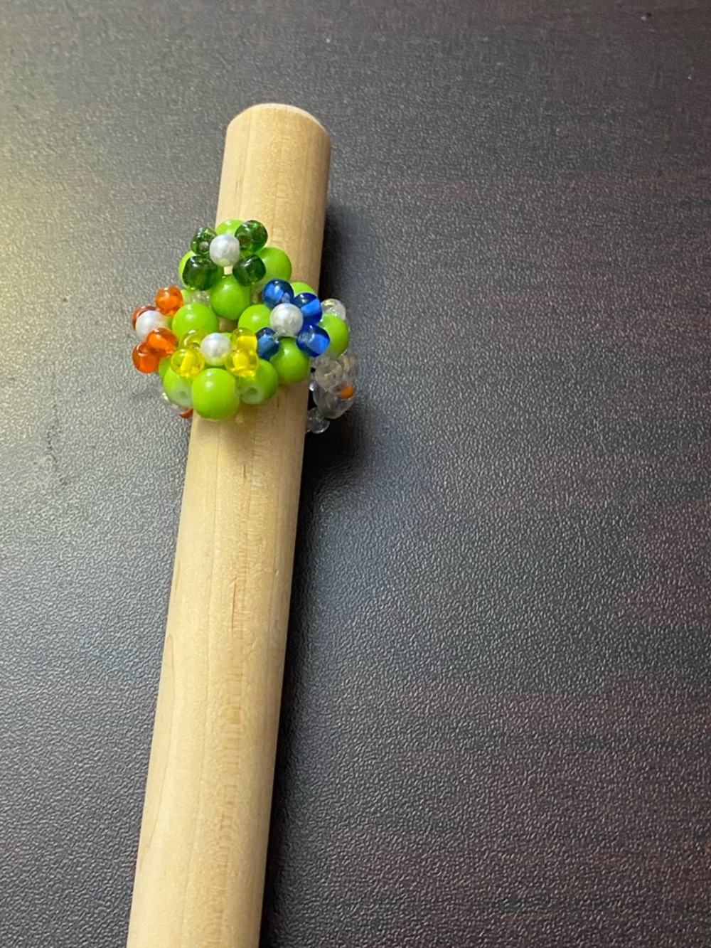 Handmade Multicolor Beaded Flower Ring — Green Accent